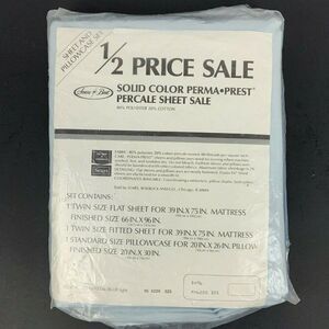 Sears Best Percale Sheet Set Twin Size Crystal Blue Flat Fitted Pillowcase 70s